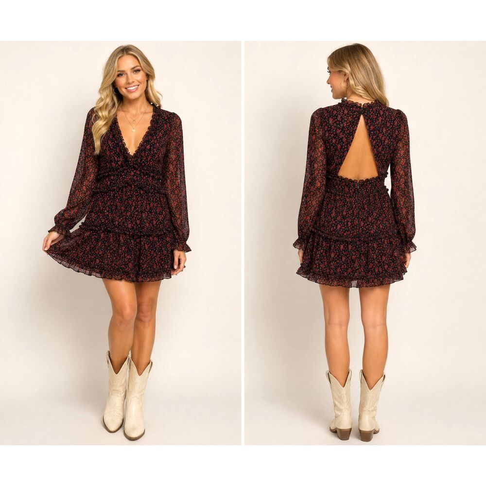 ROW A Nordstrom Rack Dress Small Black Red Floral Open Back Ruffle Mini NWT #X